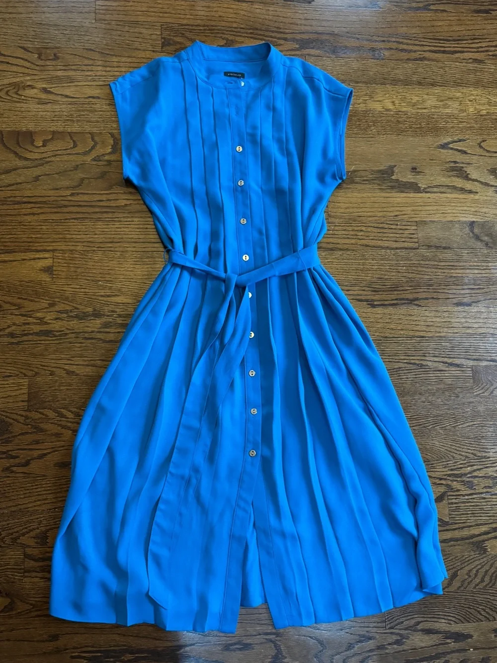 Ann Taylor Blue Shirt Dress Sleeveless Pleated Button Front Belted Lined 6